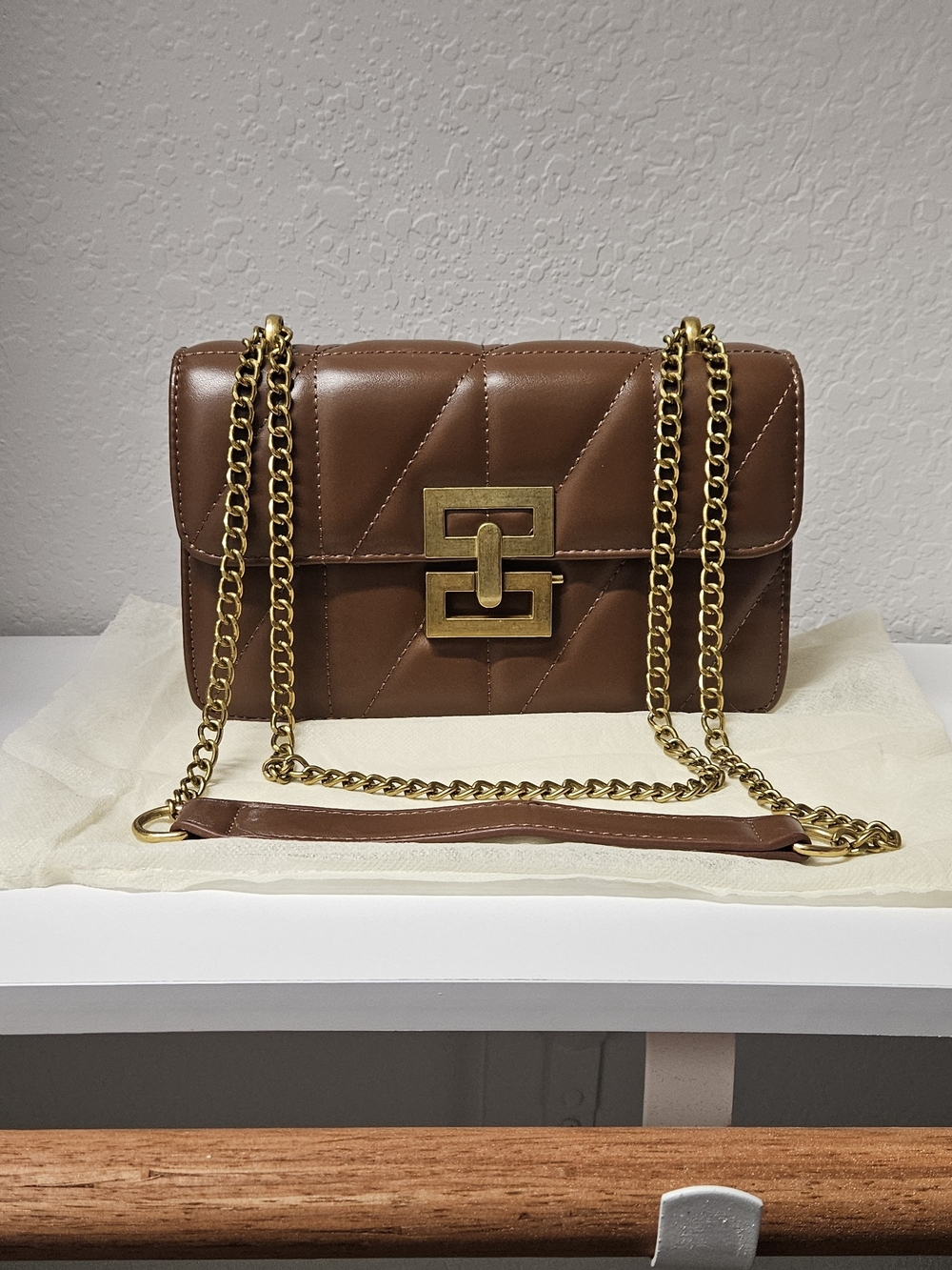 Brown Quilted Chain Shoulder Bag with Gold Hardware